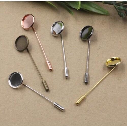 60pcs/lot 14mm round Mold plate cabochon blank tray long brooch lapel pin diy 50mm long stick pin safty lapel pin brooch