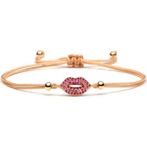 Purple Cubic Zirconia Copper Mouth Charm Bracelet Women Men Black Red String Brass Lip Adjustable Daily Fashion Jewelry Present