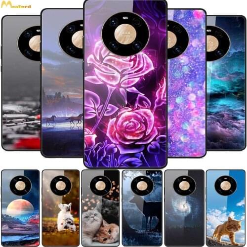 For Huawei Mate 40 Pro Case Tempered Glass Phone Cover For Huawei Mate 20 pro 30 Case Mate10 Pro Funda Cute Rose Flower Dog Cat