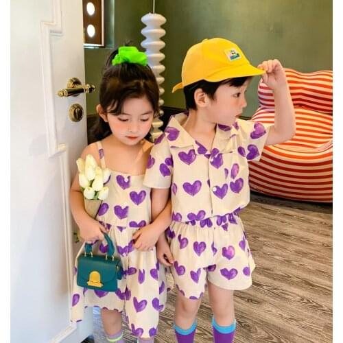 Childrens Print Suit 2021 Summer New Boys Love Short-sleeved Shorts Suits Girls Love Suspender Dress Brother and Sister Sets
