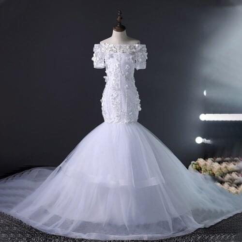 Flower Girl Dresses Short Boat-Neck Tulle Lace Appliques Pearls Embroidery Princess Off The Shoulder White Kids Party Gown H592
