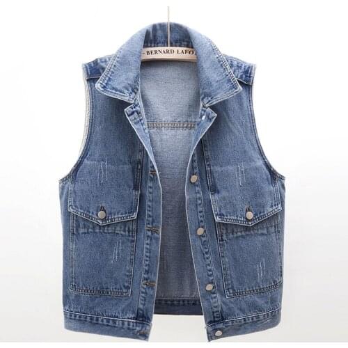 Big Pocket Jeans Vest Women Waistcoat 2021 Spring Korean Frayed Denim Vests Big size Loose Short Sleeveless Jacket Coat Female