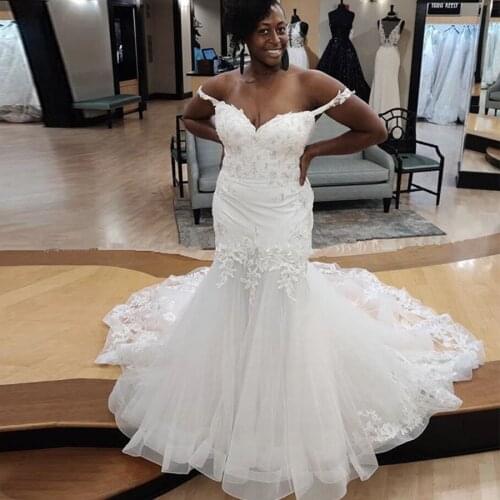 Elegant African Off Shoulder Wedding Dress Tulle Mermaid Plus Size Wedding Dresses Lace Appliques Black Women Bridal Gowns