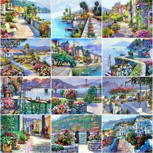 EverShine Diamond Mosaic Full Square Landscape Cross Stitch Diamond Painting Seaside Rhinestoens Art Kits Street Home Decor