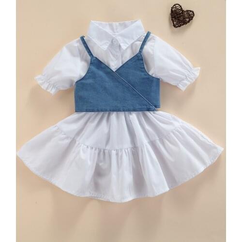 FOCUSNORM 1-6Y Summer Fashion Kids Girls Dress+Denim Vest 2pcs Solid Ruffles Puff Sleeve Turn Down Collar A-Line Dress
