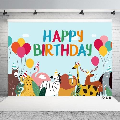 Cartoon Animals Balloons Photo Backdrops Vinyl Cloth Backgrounds for Children Happy Birthday Party Photoshoot Photography Props