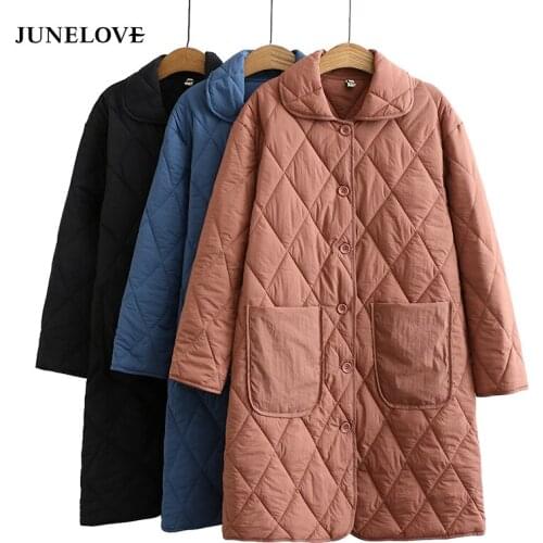 JuneLove Winter Women Collar Oversize Rhombus Pattern Long Parkas Vintage Pocket Long Quilted Overcoat Single Breasted Outwears