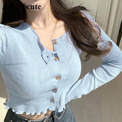 SUCHCUTE Korean Fashion Casual T-shirts Vintage Ruffles Long Sleeve Skinny Button Up Women Crop Tops Solid Sexy Kawaii Clothes