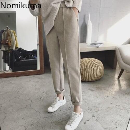 Nomikuma 2020 Autumn Winter Woolen Harem Pants Plus Size Stretch High Waist Ankle Trousers Korean Women Elegant Pants 6B473