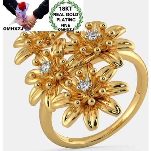 OMHXZJ Wholesale RR1275 European Fashion Fine Woman Party Birthday Wedding Gift Chrysanthemum Flower AAA Zircon 18KT Gold Ring