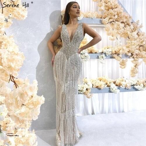 Serene Hill Dubai Design Silver Sexy Deep-V Evening Dress Sequins Beading Tassel Luxury Formal Party Gown 2020 CLA6674