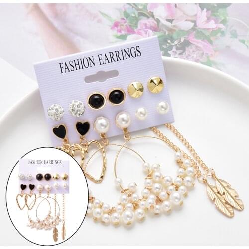 6 Pairs Crystal Pearl Leaf Earrings Ear Cuff Multiple Fashion Elegant Lady Wedding Bridesmaid Jewelry Ear Studs Gifts