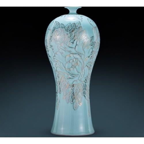 Antique Shadow Green Plum Bottle Jingdezhen Hand Painted Gold Peony Vase Large Room Decorative Ornaments porcelain ceramic vase