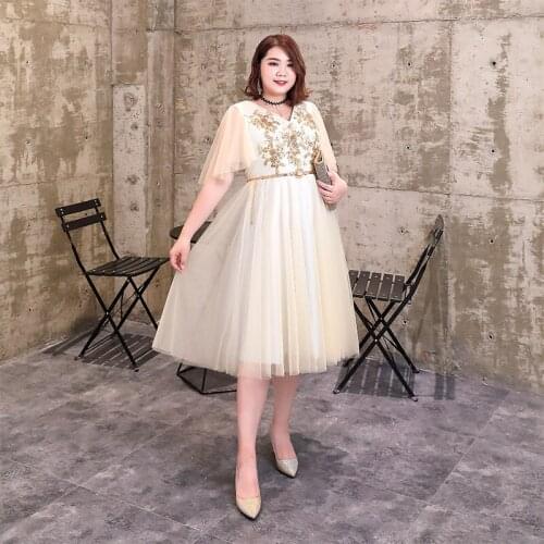 Evening Short Elegant Dresses Appliques Plus Size A-Line Lace Up Knee-Length Crepe Flowers V-Neck Regular Women Party Dress D025