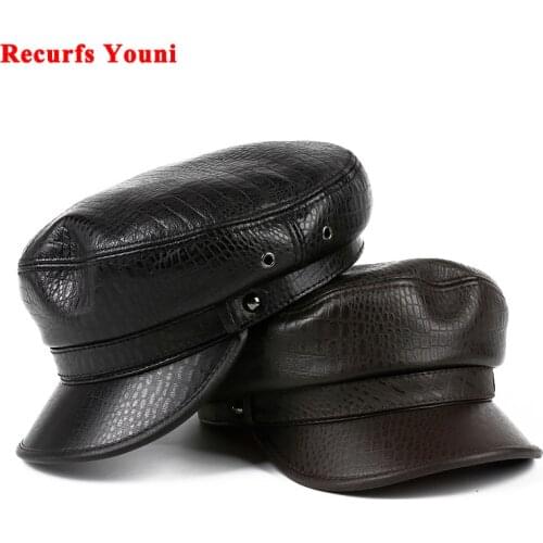 Japanese Fashion 2021 Winter Genuine Leather Hats For Men Women Unisex Crocodile Printed Navy Caps Students Locomotive Beret