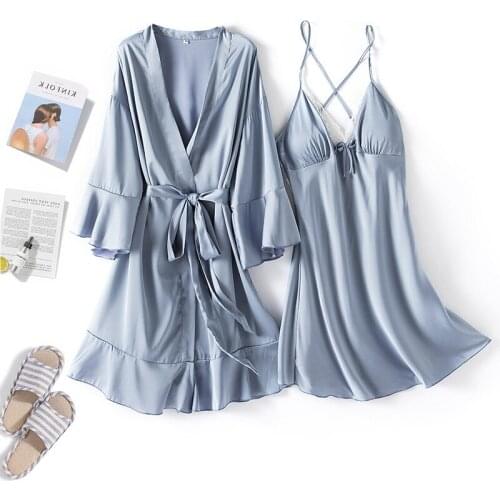 Womens Sweet Bow Lace Trim 2PCS Robe Suit Bridal Bridesmaids Night Dress Gray Flare Sleeve Bathrobe 2021 Spring New Sleepwear