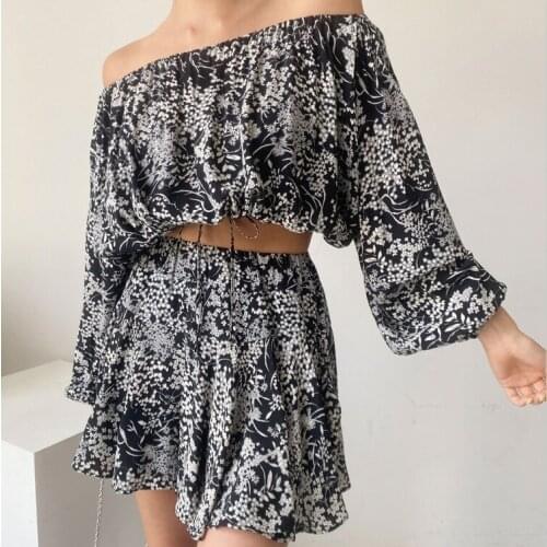 Korea Retro Floral Slash Neck Two-piece Set Suit Skirt Set Sweet Ensemble Femme Deux Pieces Summer Costumes For Women Suit Set