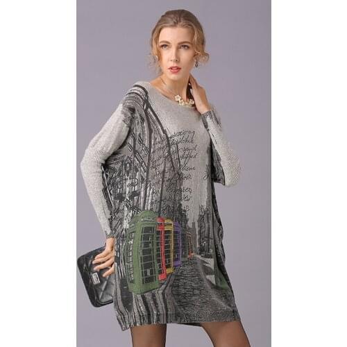Khaki Gray White Building Pattern Women Sweater 2021 Autumn Batwing Sleeve Knitted Coat Vintage Female Knitted X128
