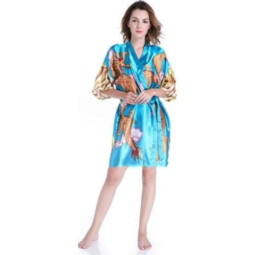 Animal Printed Female Kimono Geisha Bath Robe Women Royal Blue Satin Nightwear Summer New Mini Sleepwear With Dragon One Size