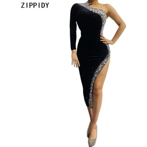 Black Silver Stones Single Shoulder Dress Women Singer Dance Latin Performance Show Wear Prom Party Novelty Outfit