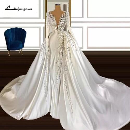 Arab Luxury Muslim Wedding Dresses with Pearls Beading Long Sleeves Satin Dubai Bridal Gowns 2021 Newest Long Wedding Gown
