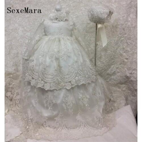 Heirloom Lace Appliqued Infant Birthday Gown Long Christening Dresses For Baby Girl With Long Sleeves Baptism Gown Bonnet