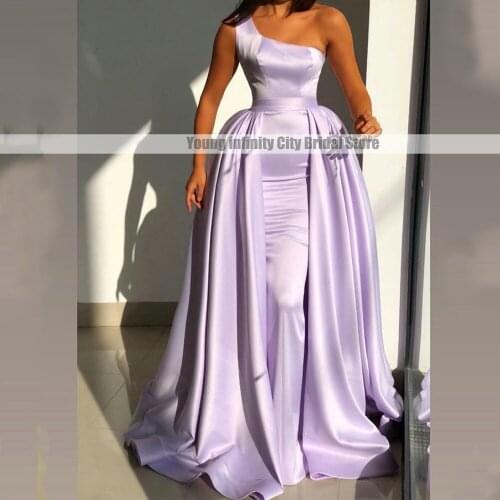Elegant One Shoulder Light Purple Satin Prom Dress 2021 Long Straight Evening Gown Saudi Arbia Style with Detachable Overskirt