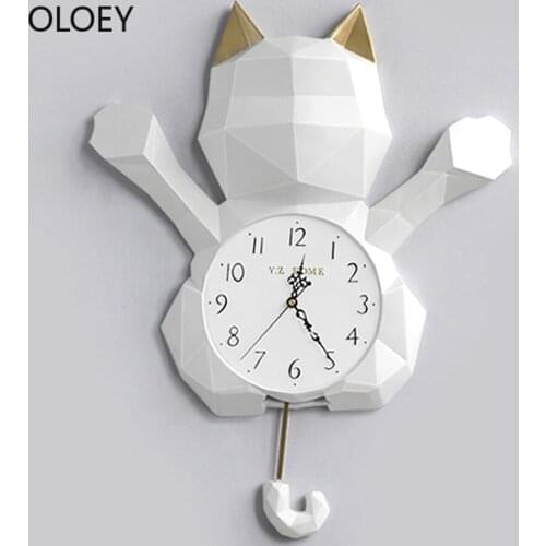 Geometric Large White Wall Clock Luxury 3d Cartoon Cat Swing Living Kids Room Clocks Wall Home Decor Art Watch Reloj De Pared