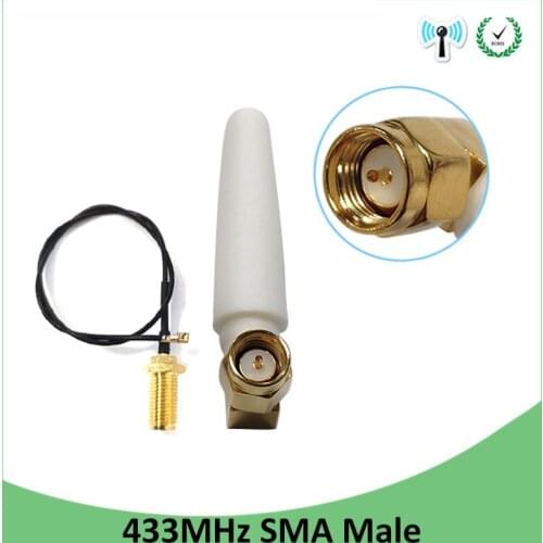 10pcs 433MHz Antenna 2.5dbi SMA Male Connector 433 MHz antena Small size elbow rubber Lorawan +21cm RP-SMA/u.FL Pigtail Cable