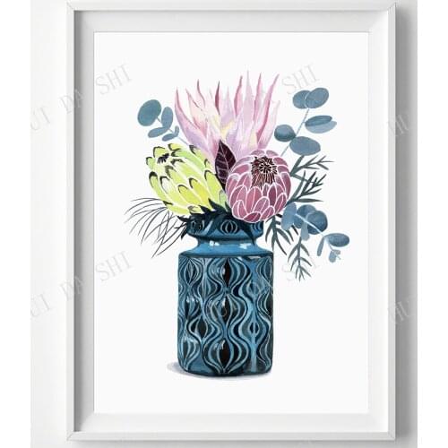 King Protea bouquet Australian watercolour flowers print in Retro Mid Century Modern West German Onion Vase Native Botanical