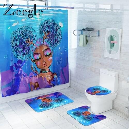 Cartoon Style Bath Mat Bathroom Carpet Waterproof Shower Curtain Set Anti-slip Toilet Seat Cover Mat Absorbent Foot Rug Set