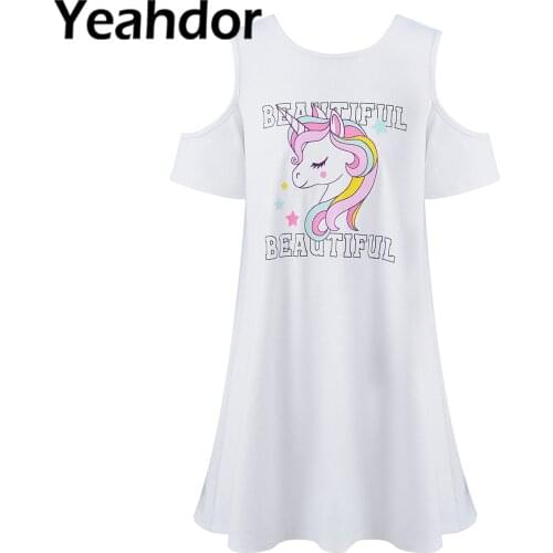 Kids Girls Summer Casual Dresses 2021 Fashion Cute Round Neck Off Shoulder Short Sleeves Cartoon Horse Print Short Dress Clothes