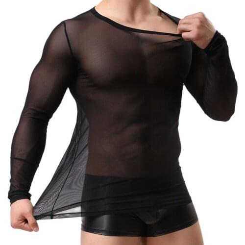 Men Long-Sleeved T-Shirt Full Transparent Mesh Long Sleeve Underwear Slimming Casual Fad Korean Version Tees See-Through Blouses
