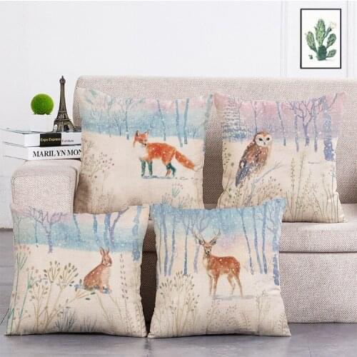 Hand painted forest animals in winter Printed Cushion Cover Linen Throw Pillow Car Home Decoration Decorative Pillowcase T456