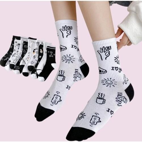 2021 NEW Korean Style Women Graffiti Letter Socks Tube Street Harajuku Kawaii Long Socks Cotton Casual Cute White Funny Striped