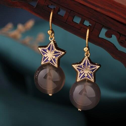 NEW Long Natural stone Stars earrings Vintage Delicate Drop earrings Ethnic cloisonne Chinese style Jewelry for womens