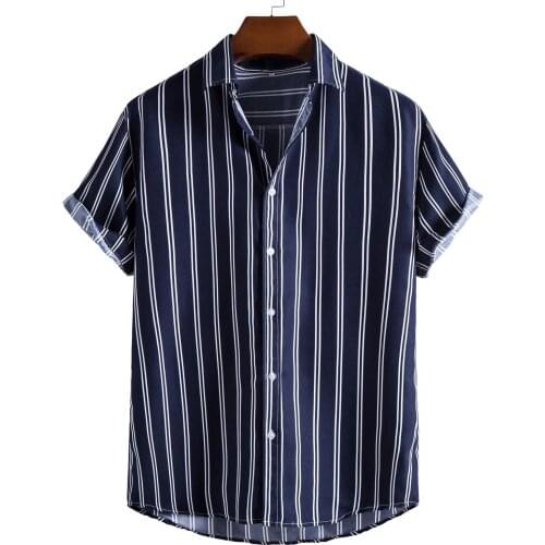 New Shirts For Mens Summer Vertical Stripe Printed Short Sleeve Button Turn-Down Collar Shirts Casual Plus Size Beach Shirt Top