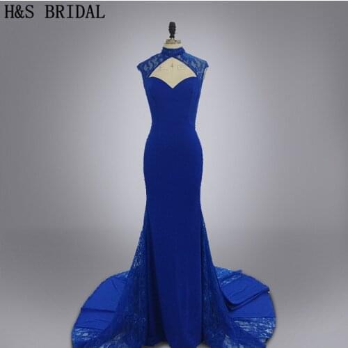 Real photo Custom made Vestidos Evening party gown mermaid high neck backless sexy blue lace prom dress long evening dress