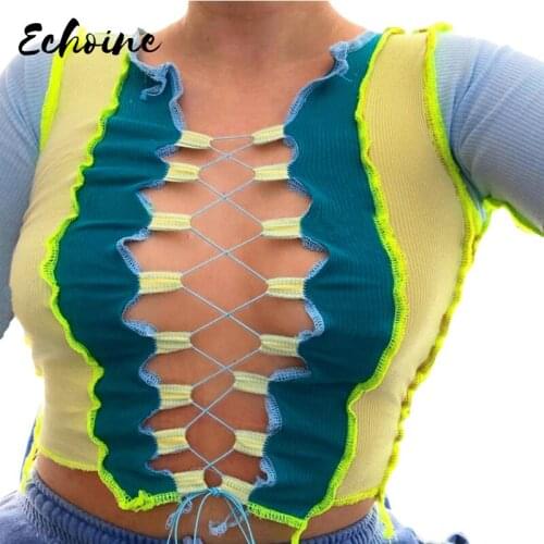 Sexy Patchwork Hollow Lace up Long Sleeve Clubwear T Shirt Women Autumn Fashion Blue Knitted Skinny Tie Front Crop Tops Mujer