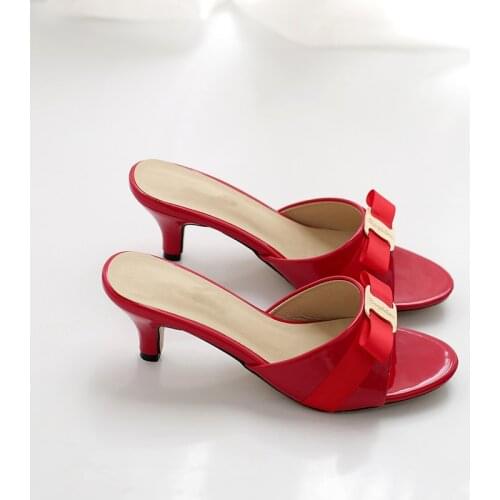 Slippers Female Summer Fashion High-heeled Womens Slippers Buckle Fine Heel Patent Leather Sandals Large Size 33-43