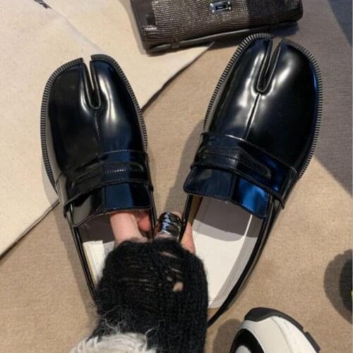 Split Toe Black Oxford Mujer Feminino Sapato Slip On Flat Leather Shoes Woman Loafers Fashion Women Flats Work Office Footwear