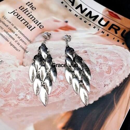 Grace Jun New Vintage Fashion Scrub Leaf Clip on Earrings Without Piercing for Women Party Wedding Elegant Big Pierced Earrings