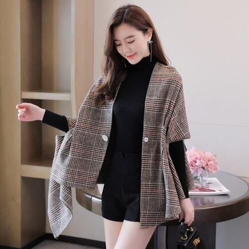 Autumn New Women Fashion V-Neck Plaid Single Button Capes Ponchos Loose Casual Elegant Temperament Striped Jacket Coat
