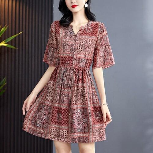 2021 Summer Women Vintage Printed Dresses Elegant V-neck Half Flare Sleeve Drawstring 100% Natural Real Silk Lady A-line Dress