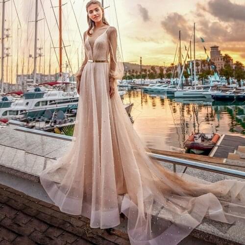 Pink Wedding Dresses Luxury Pearls Bride Dress Gold Belt Vestido de Noiva 2021 Puff Long Sleeve Wedding Gowns Beach