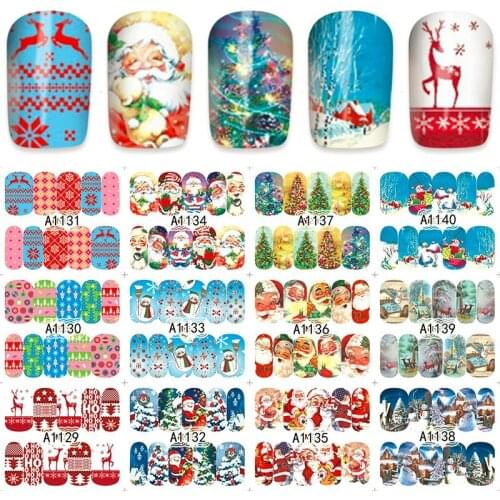 12 sheets water decal nail art nail sticker slider tattoo full Cover Christmas Santa Claus snowman style decals A1129-1140