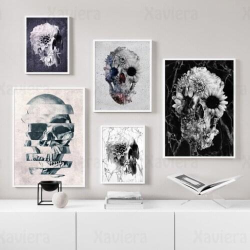 Abstract Floral Skull Fashion Art Picture Black and White Canvas Painting Nordic Modern Posters Home Decor Bedroom Living Room