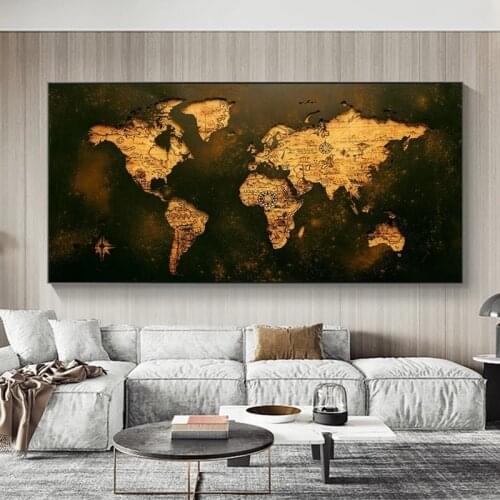 Abstract Golden World Map Canvas Painting Posters and Prints Large Retro Map Hanging Wall Art Picture for Living Room Decoration