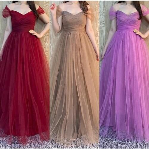 Elegant Off Shoulder Champagne Evening Dresses Long Sleeve Tulle Corset Back Beaded Abendkleider Robes de Soirée for Women