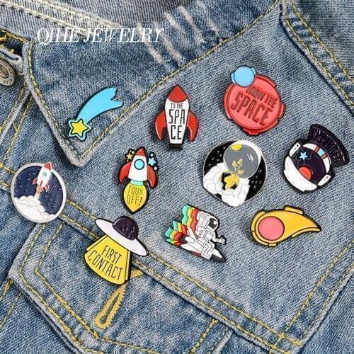 QIHE JEWELRY Space Rocket Spaceship Enamel Lapel Pins Aerospace Cartoon Brooches Badges Fashion Pins Gifts for Friends Wholesale